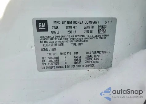 2017 Chevrolet Trax 1Lt z USA, uszkodzony, nr VIN KL7CJLSB1HB183061